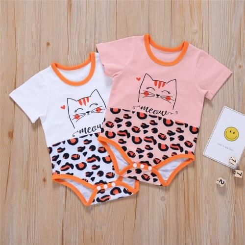 Baby Girl’s Summer Short-sleeved Jumpsuits Cute Cat Leopard Stitching One-piece Triangle Romper