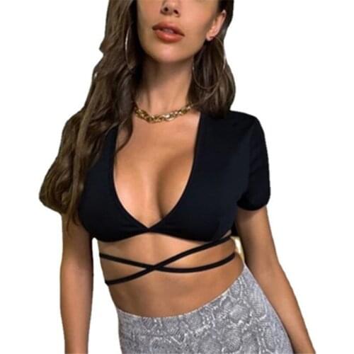 LJCUIYAO Sexy Hollow Out Women Short Sleeve Crop Tops Knitted V-Neck TShirt Summer Patchwork Drawstring Bandage Fitness Clothes