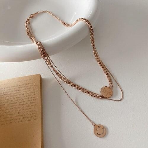 Statement Rose Gold Multilayer Sun Smile Face Letter Pendant Necklace for Women Chunky Chain Asymmetry Hollow Necklace Jewelry