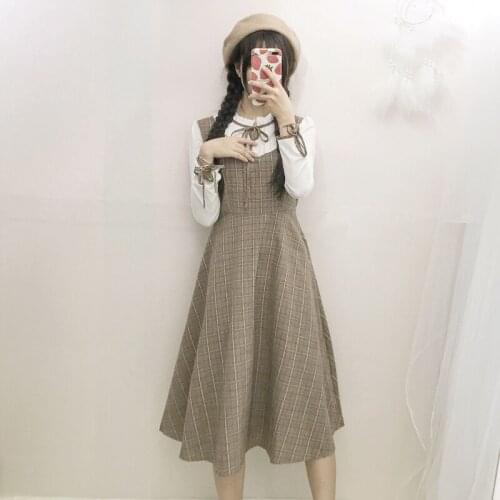 Sweet Womens Fall Vintage Mid-calf Dress Fake-Two-Piece Lace-up Slimming One Piece 2018 Autumn Japanese Style Dress Elegant