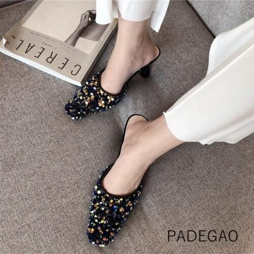 Korean Style Fashion Bling Women Slippers 2020 Casual Elegant Thin Heels Womens Slippers