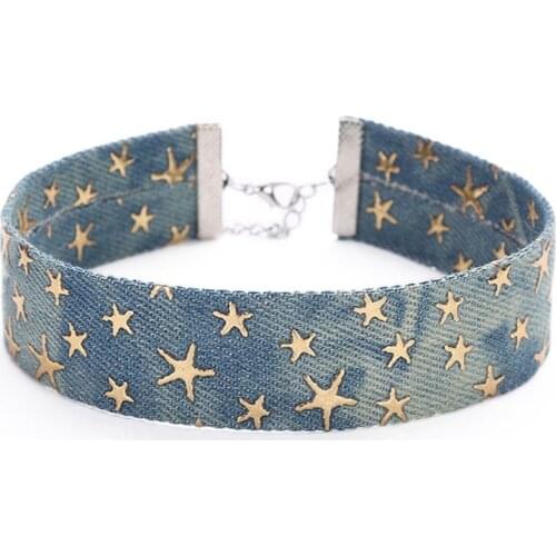 2017 New Blue Denim Choker Necklace For Women Star Jeans Chokers Chocker Collier ras de cou colar jewelry