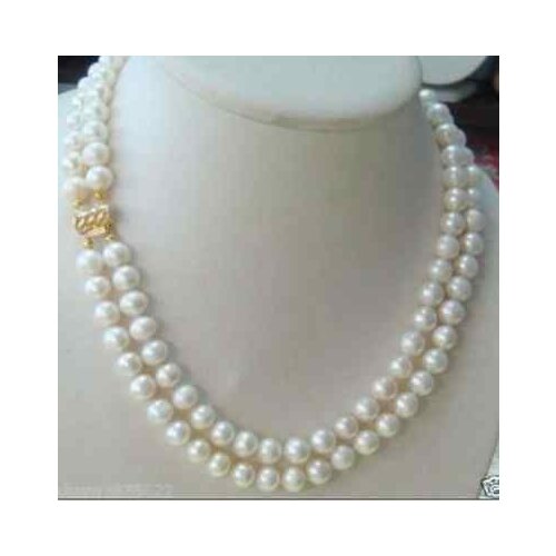Hot 2 row 7-8MM AKOYA REAL WHITE PEARL NECKLACE 17-18 inch