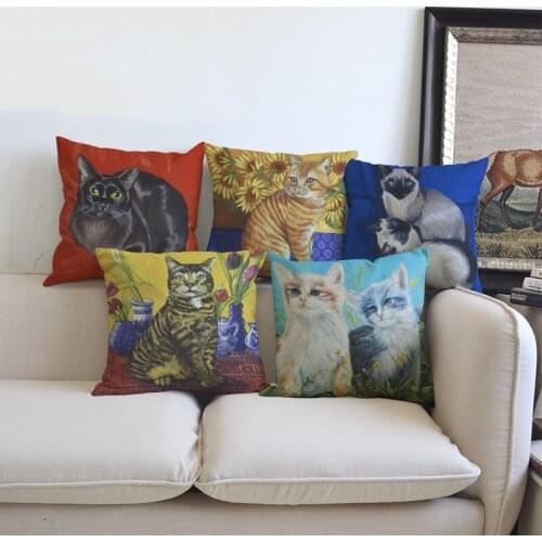 European Colorful Oil Painting Pet Cat Print Cushion Cover Small Animal Cute Kitty Home Decoration Car Sofa Chair Pillows Cover