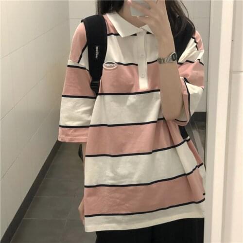 2021 summer new original ins retro hit color striped short-sleeved polo shirt top all-match loose