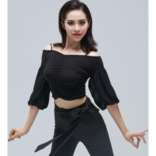 Sexy Off-Shoulder Latin Dance Tops Puff Sleeve Ballroom Practice Wear Tango Performance Costume Competition Stage Clothes YS1358