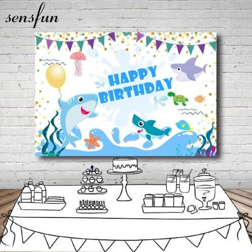 Sensfun Shark Theme Birthday Party Photography Backdrops Bunting Glitter Dots Kids Cartoon Backgrounds Custom Photocall