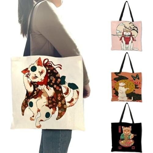Traditional Japanese Ukiyoe Print Tote Bag Cat Demon Pattern Women Handbag Shoulder Bags Eco Reusable Shopping Bags B06128