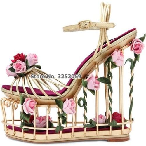 ALMUDENA High-end Luxury Golden Metal Cage Sandals Pink Red 3D Flowers Wedding Shoes Sky-high Wedge Heel Platform Shoes Sandals