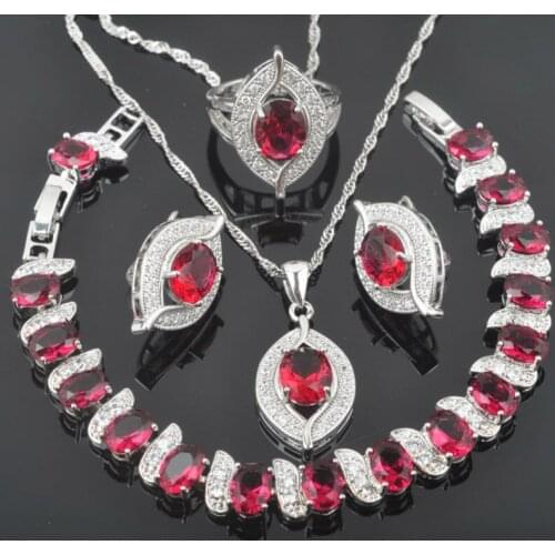 2020 New Rose Red Zirconia Eye Design For Women Silver Color Jewelry Sets Bracelet Necklace Pendant Earrings Ring QS0235