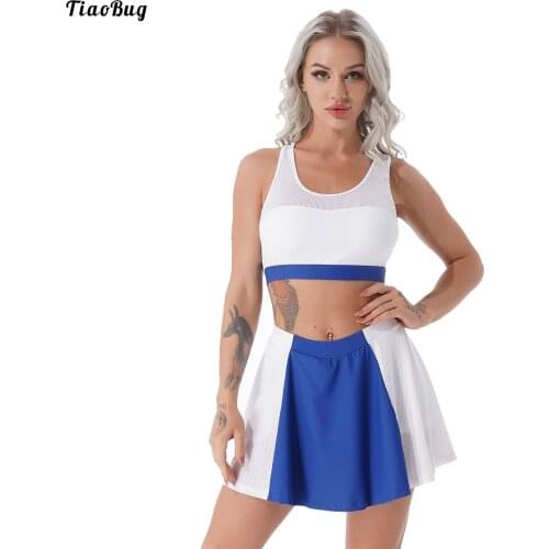 TiaoBug 2Pcs Women Summer Breathable Net Sport Suit Round Neck Sleeveless Removable Chest Pads Sport Bras Tops And Skirt Set