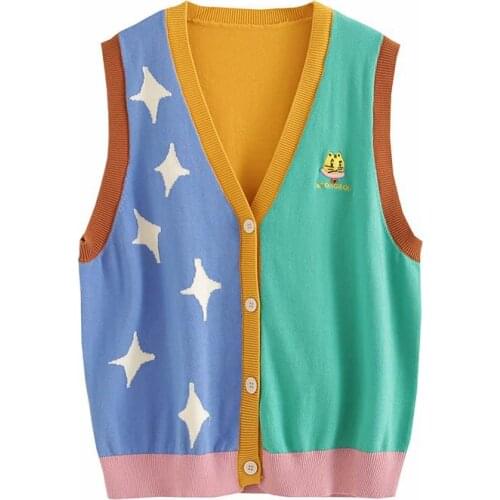 Cartoon Embroidery Sleeveless Tank Sweater For Women Winter V Neck Sleeve Single-breasted Knitted Pullover Sweet Style Warm Tops