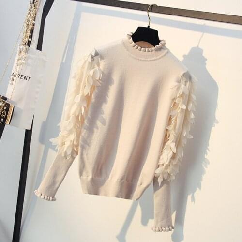 Spring Autumn Women Sweater Loose Jumper Fashion Flowers Sleeves Sweater and Pullover Femme Pull Ruffled Collar Knitted
