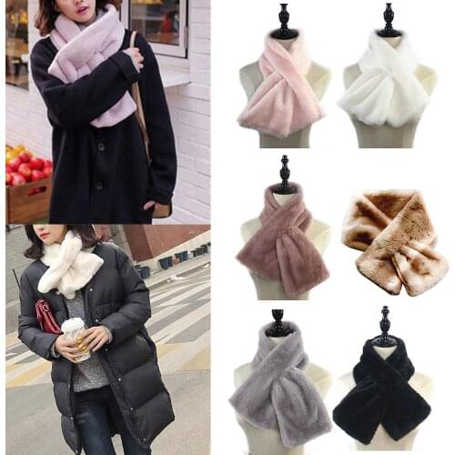 Women Winter Thicken Plush Faux Rabbit Fur Scarf Solid Collar Shawl Neck Warmer Shrugs Knitted Neckerchief Long Wraps