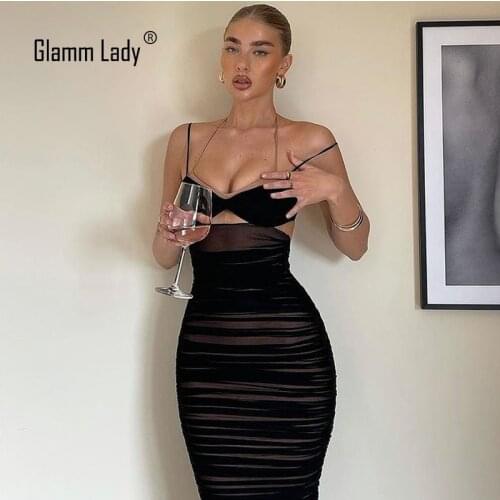 Glamm Lady Sexy Casual Party Dresses For Women Midi Black Spaghetti Strap Summer Dress Club Mesh Bodycon Dress 2021 New Vestidos
