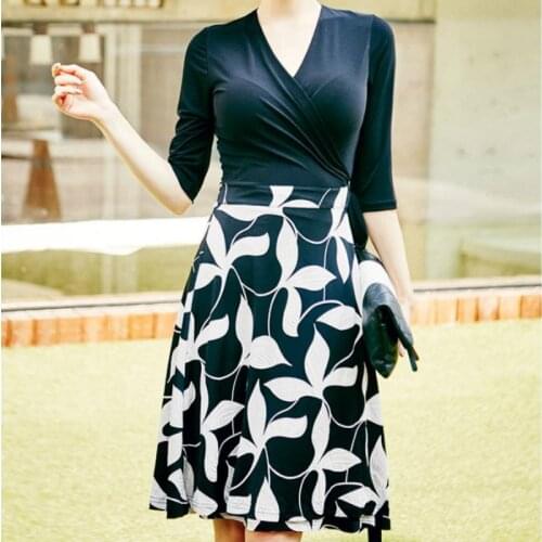 2020 Fashion Women Dress Color Block Floral Dress Slim A-line Mid Dress Three Quarters Sleeve Plus Size Vestidos Robe S-XXL