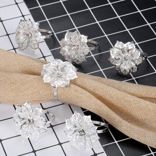 6Pcs Alloy Napkin Rings Hotel Party Table Dinner Serviette Buckle Holder Silver Flower Type Exquisite Wedding Banquet Decoration