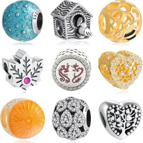 Authentic S92 Bead DIY Jewelry Honeycomb Lace Maple Dragon Phoenix Bee Bird Charms fit Lady Bracelets