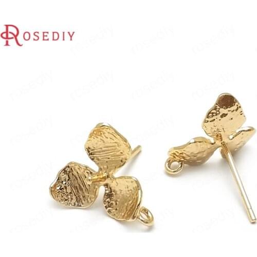 C958)10 pieces 11x11mm 24K Gold Color Brass + Half Hole Pin Flower Stud Earrings High Quality Diy Jewelry Findings Accessories