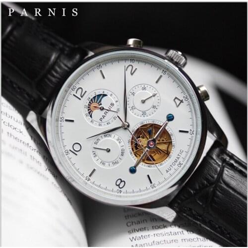 Parnis 43mm White Dial Automatic Mens Watches Moon Phase Calendar Men Wristwatch JHS35 Movement Mechanical Man Clock box gift