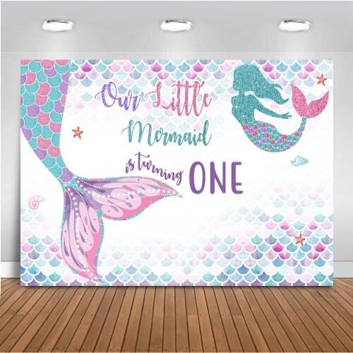 Mermaid Backdrop for Photography Happy Birthday Theme Background for Photo Booth Studio Party Decoration Poster Banner Prop