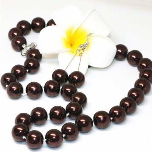 Exquisite new design fashion chocolate 12mm round simulated-pearl shell beads necklace earrings elegant jewelry set 18inch B2342