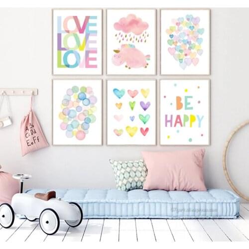 Watercolor Love Alphabet Paintings Unicorn Balloon Decor Educational Poster Kids Wall Art Canvas Prints Nursery Decoration