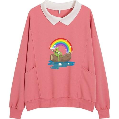 Kawaii Rainbow Frog Printed Pullover Sweatshirt Cotton Cartoon Harajuku Long Sleeve Hooded Casual Losse Clothing Chic Pink Tops