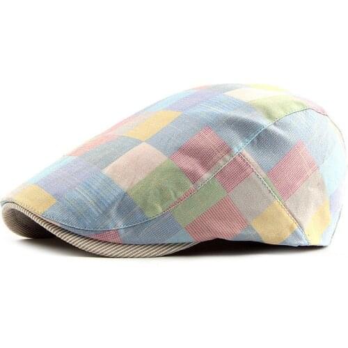 Spring Summer Color Plaid Newsboy Caps Men Cotton Flat Peaked Cap Women Painter Beret Hats 12