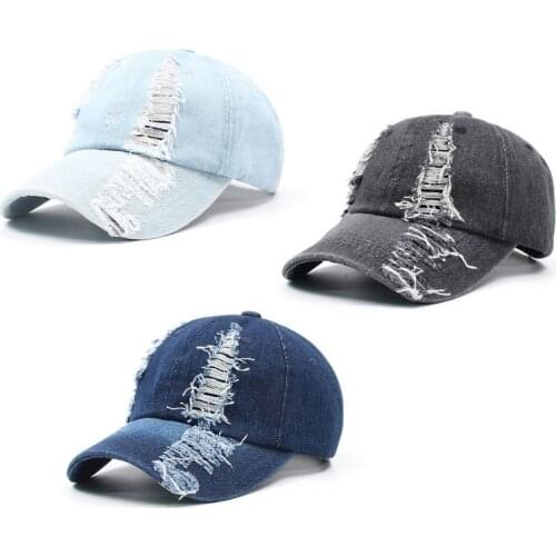 Korean Unisex Vintage Washed Denim Cotton Baseball Cap Distressed Ripped Hole Hip Hop Summer Leisure Outdoor Visor Hat
