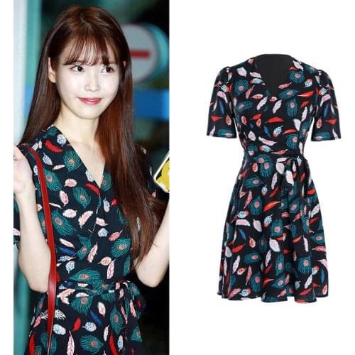 Kpop IU Lee Ji Eun Summer new Women Chiffon Dress Sexy Deep V-neck Floral Print short Sleeved Dress female Party A-line Dresses