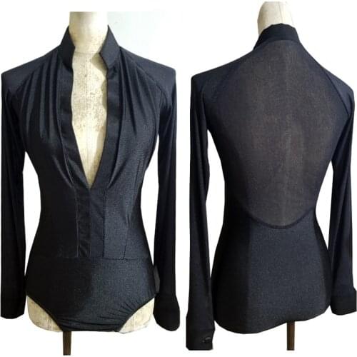 Latin Dance Shirt Men Sexy V-Neck Black Mesh Long Sleeve Bodysuit Rumba Cha Cha Salsa Samba Competition Performance DNV12052