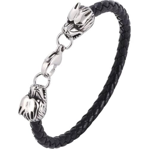 Double Wolf Head Charm Bracelet for Men Genuine Leather Braided Bangles Stainless Steel Classic Male Wristband Jewelry SP1093