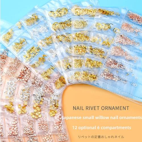 LEAMX 12 Packs 6 Grid Bags Hollow Metal Charm Star and Moon Rivets Combination Nail Accessories for DIY Jewelry Making Tools Hot