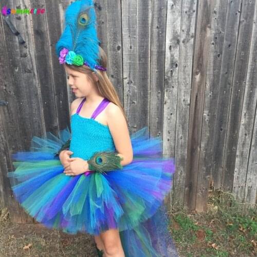 Girls Peacock Princess Tutu Dress with Feather Flower Headband Kids Pageant Party Ball Gowns Trailing Dress Peacock Clothes