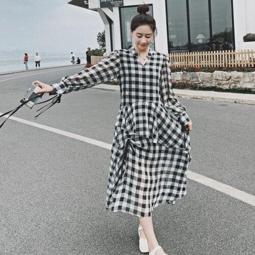 Plaid Chiffon Dress Women Casual Loose Style Summer Skirt Fashion Sun Protection Dress French Retro Mid-length Dress Female L8