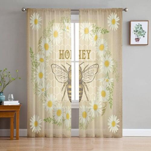 Retro Daisy Flower Bee Wreath Sheer Curtains for Living Room Bedroom Kitchen Tulle for Windows Voile Drapes Home Decoration