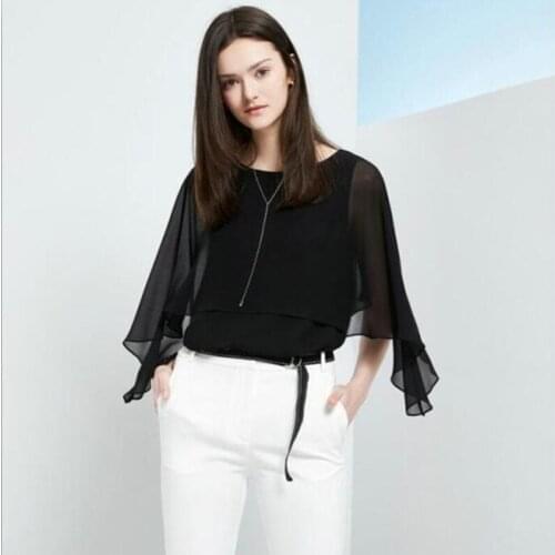 New Womens Tops Fashion 2020 Women Summer Chiffon Blouse Plus Ruffle Batwing Short Sleeve Casual Shirt Black White