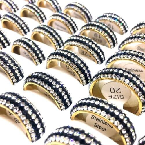 MixMax 15 Pieces Womens Rings Golden Plated Full Rhinestone 5 Rows Luxurious Stainless Steel Band Jewelry Ring Wholesale Lot