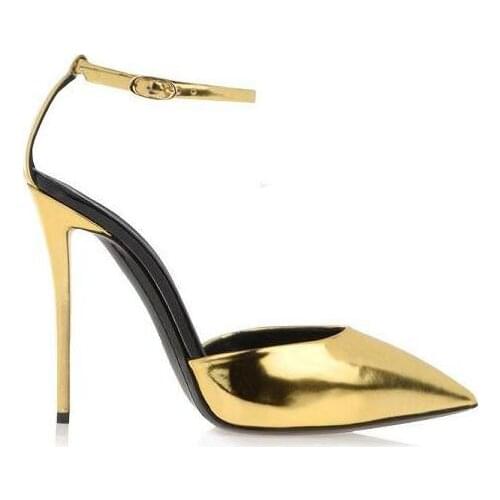 2019 Spring Autumn sexy high heel stilettos buckle strap pointed toe cutouts women shiny gold dress shoes pumps lace up heels