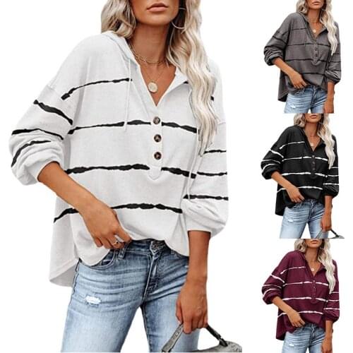 New Ladies Sweater Autumn and Winter Stripe Style V-Neck Buttoned Casual Hooded Top Womens Clothing Plus Size Multicolor Blouse
