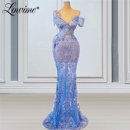 Lowime Blue Illusion Mermaid Prom Dresses 2021 Customized Plus Size Beading Evening Dresses Robes De Soiree Longue Prom Gowns