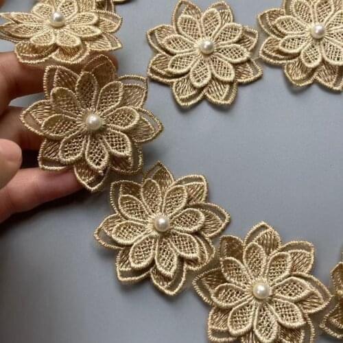 10X Soluble Gold Pearl Flower Lace Trim Polyester Embroidered Ribbon Fabric Sewing Supplies Craft Decor, DIY Handmade Materials