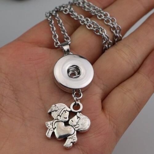 2PCS 50cm Link chain Cute Boy Girl Heart Pendant Lovers Necklaces With 18mm Metal Snap Button Charms Necklace Jewelry NXL049