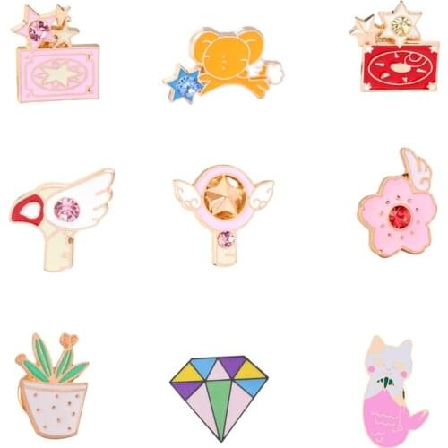 Anime icons Metal Enamel Pins Magic Wand Flower Cactus Cat Cup Cartoon Brooches Bag Collar Badges Coat Jackets Lapel Pin Jewelry