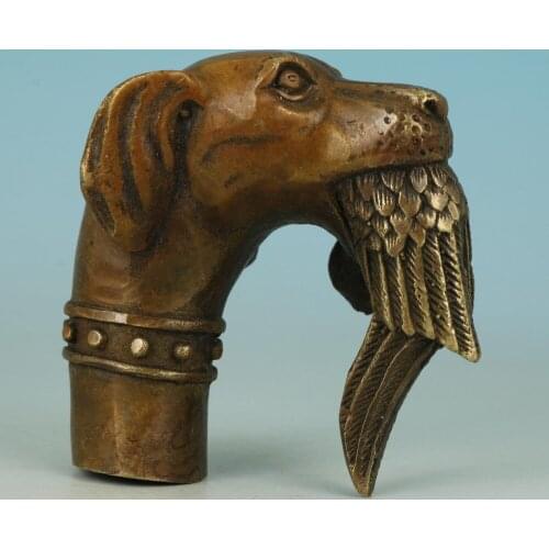 Antique Old Bronze Hand Carved Dog Bitten Birds Statue Cane Walking Stick Head Free shipping