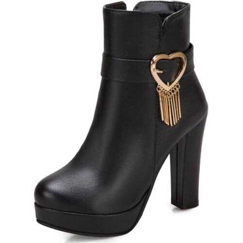 Metal Fringe Heart-Shaped Super High Heel Ankle Boots Side Zipper Strap Pink PU High Heels Thick Heel Short Plush Women’S Boots