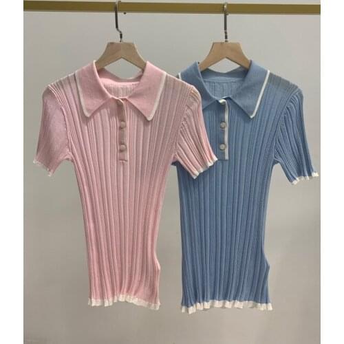 Brand fashion womens high-end luxury summer elegant stretch cutout slim knit thin Polo shirt top