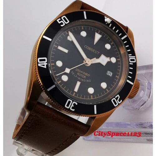 Corgeut 41mm Black bezel brass plated case waterproof luminous sapphire glass automatic mechanical mens wristwatches