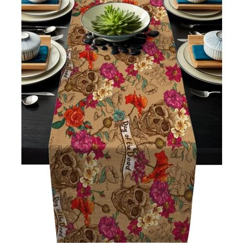 Day Of The Dead Mexico Skull Red Table Runner Modern Linen Cotton Table Cloth Decoration For Home Wedding Christmas Party